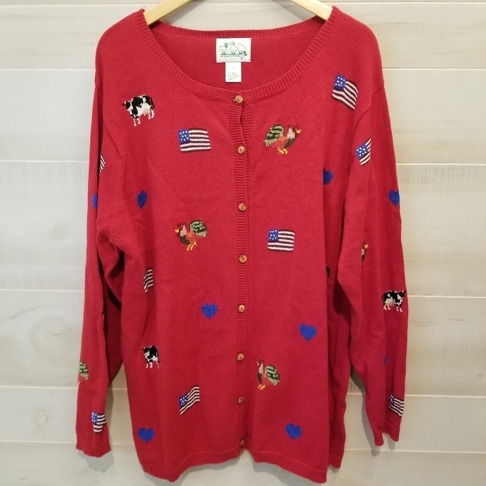 {1X} Vintage Americana Flag Rooster Chicken Cow Farm Heart 4th of July Cardigan - Picture 1 of 7